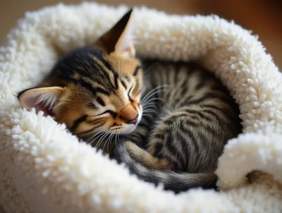 Sleeping Bengal Kitten Curled Up In A Soft Blanket