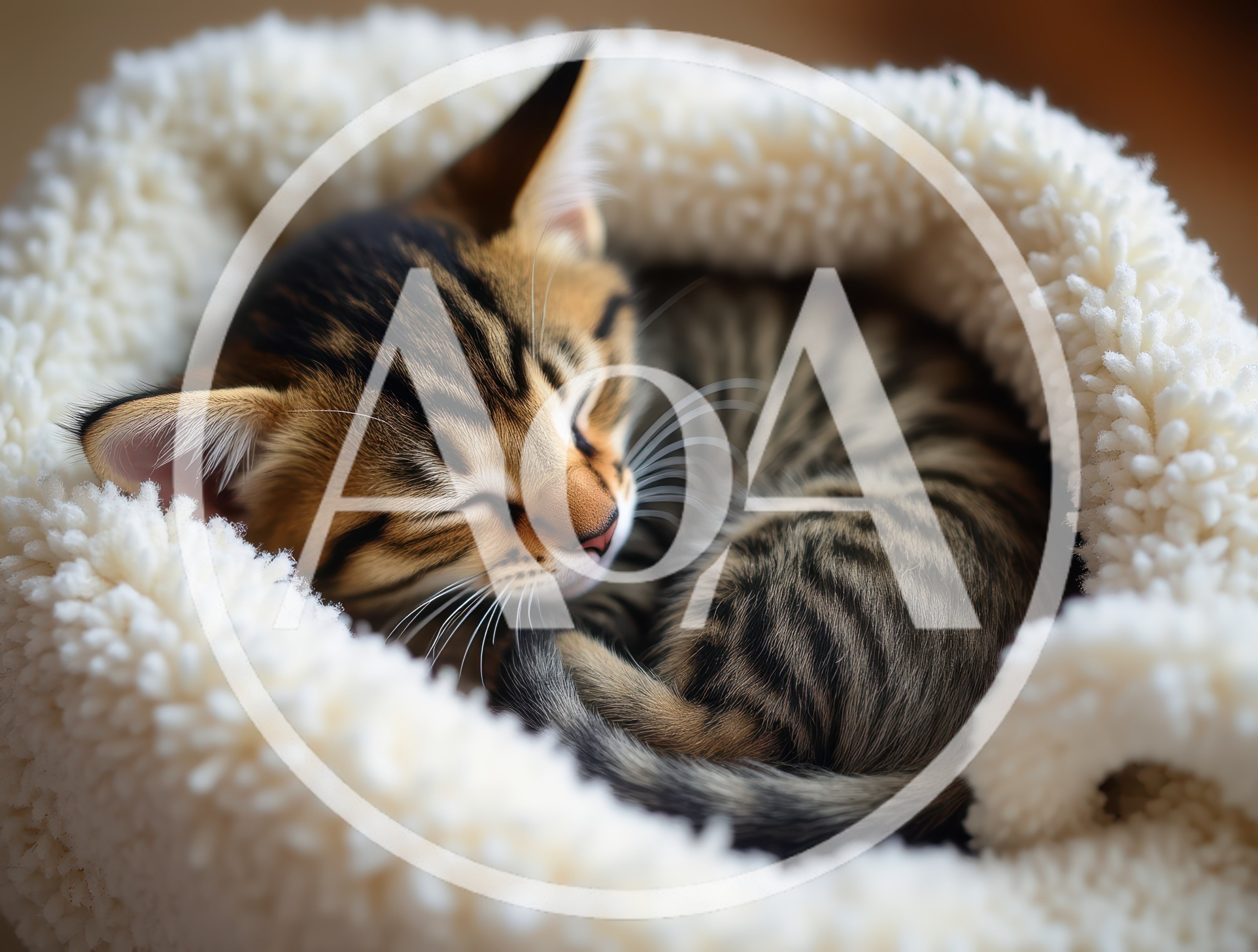 Sleeping Bengal Kitten Curled Up In A Soft Blanket