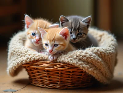 Three Adorable Kittens Sitting Together In A Wicker Basket