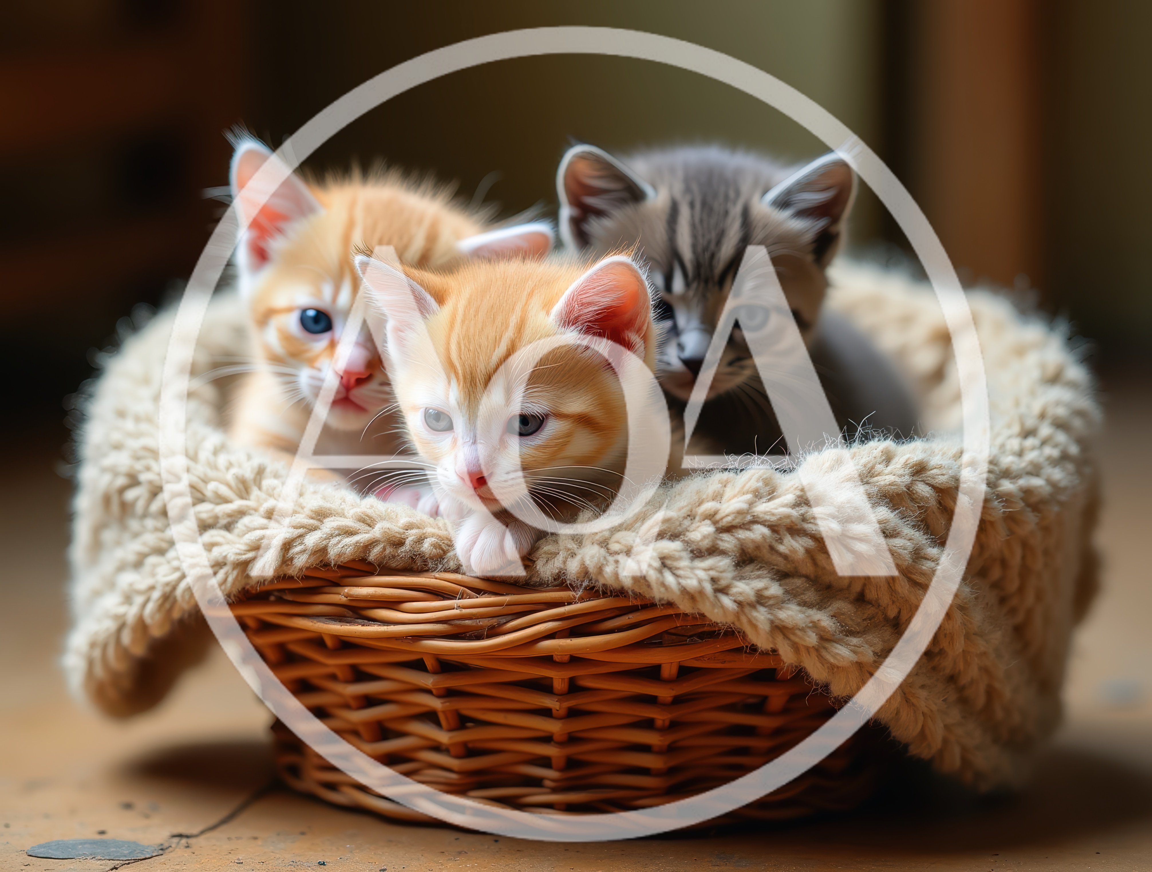 Three Adorable Kittens Sitting Together In A Wicker Basket