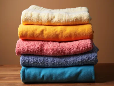 Stack Of Folded Colorful Towels On Wooden Table