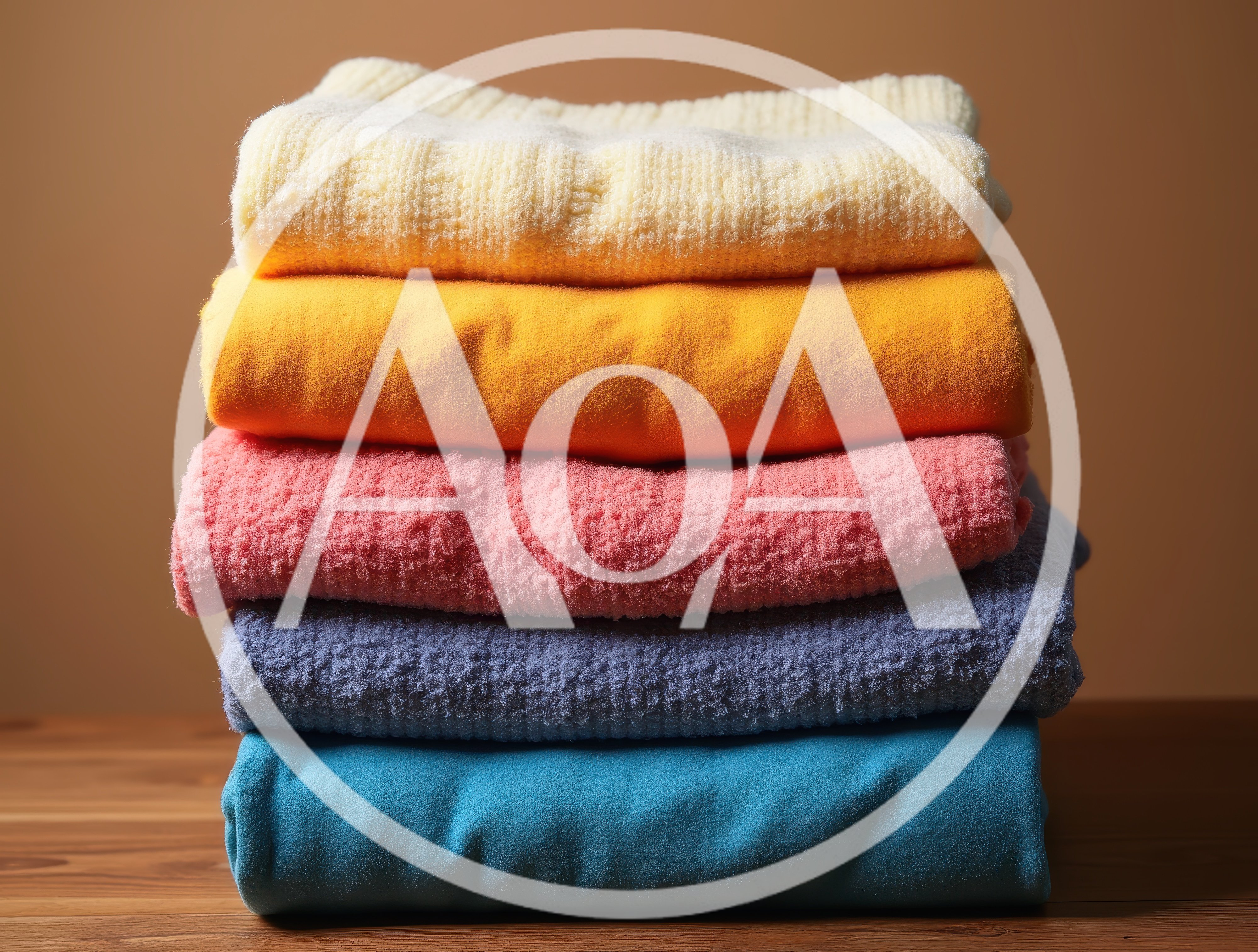 Stack Of Folded Colorful Towels On Wooden Table