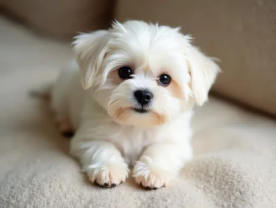 Adorable White Maltese Puppy Resting On Soft Carpet