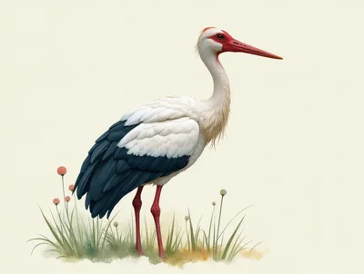 Elegant White Stork Standing In A Grassy Meadow
