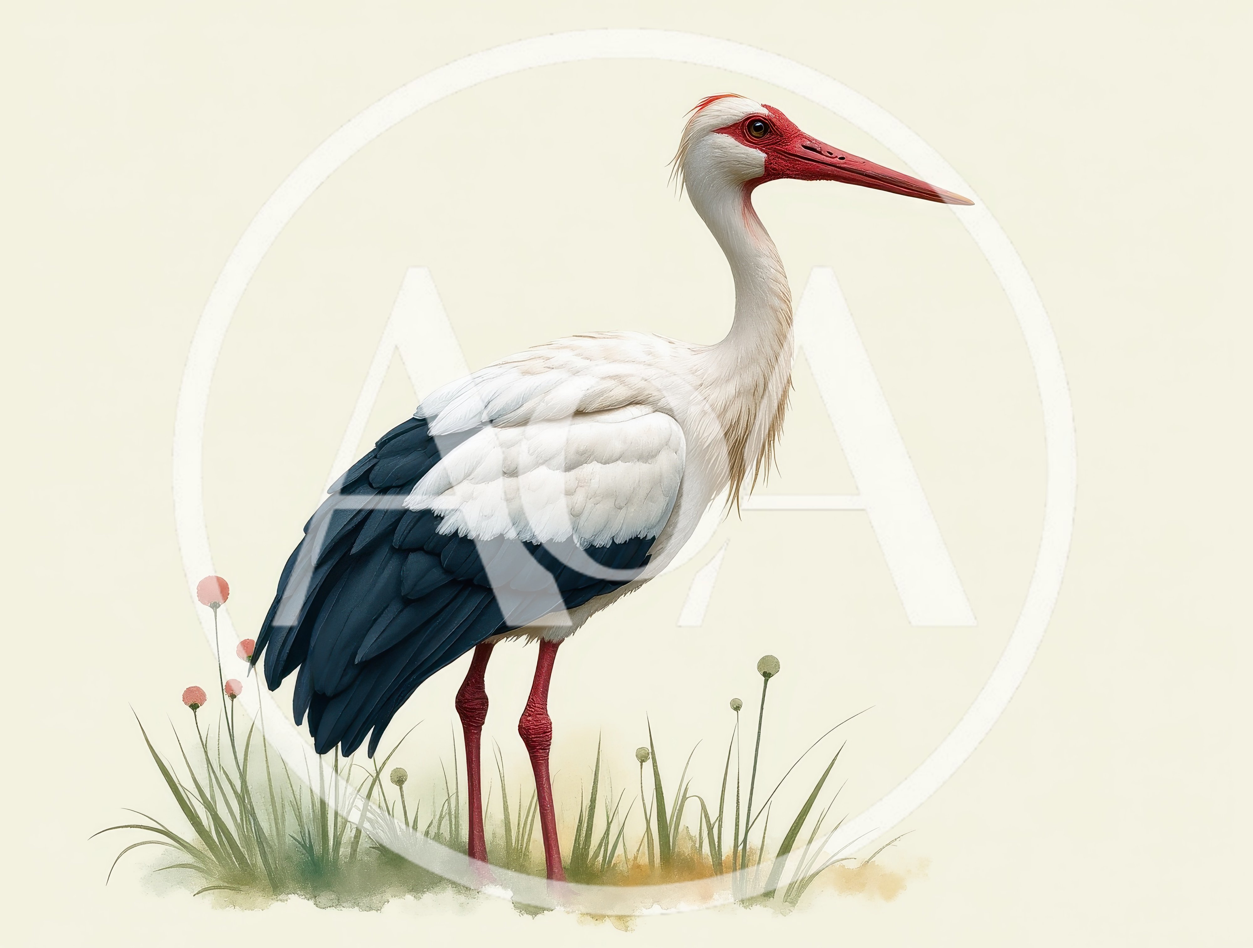 Elegant White Stork Standing In A Grassy Meadow