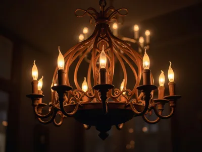 Ornate Iron Chandelier With Glowing Candle Bulbs