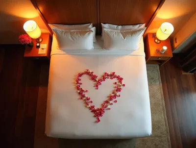 Romantic Hotel Bed Decorated With Rose Petal Heart