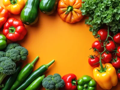 Fresh Assorted Vegetables Arranged On Orange Background