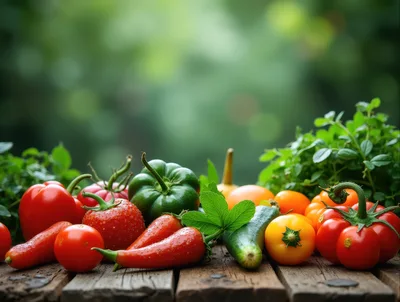 Fresh Organic Vegetables Arranged On A Rustic Wooden Table