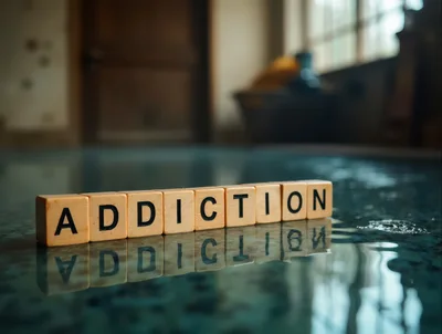 Wooden Blocks Spelling Addiction Reflecting On Water Surface