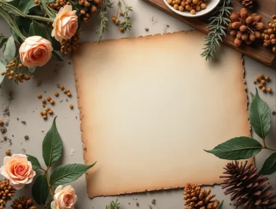Vintage Parchment Paper With Floral And Pinecone Decorations