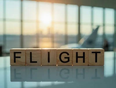 Wooden Blocks Spelling Flight In Airport Terminal