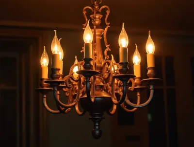Vintage Bronze Chandelier With Glowing Candle Bulbs