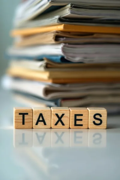Wooden Blocks Spelling Taxes With Stacked Paperwork Background