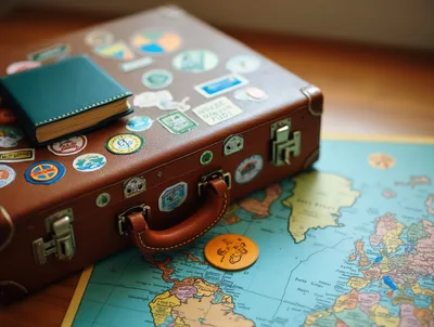 Vintage Suitcase With Travel Stickers On World Map