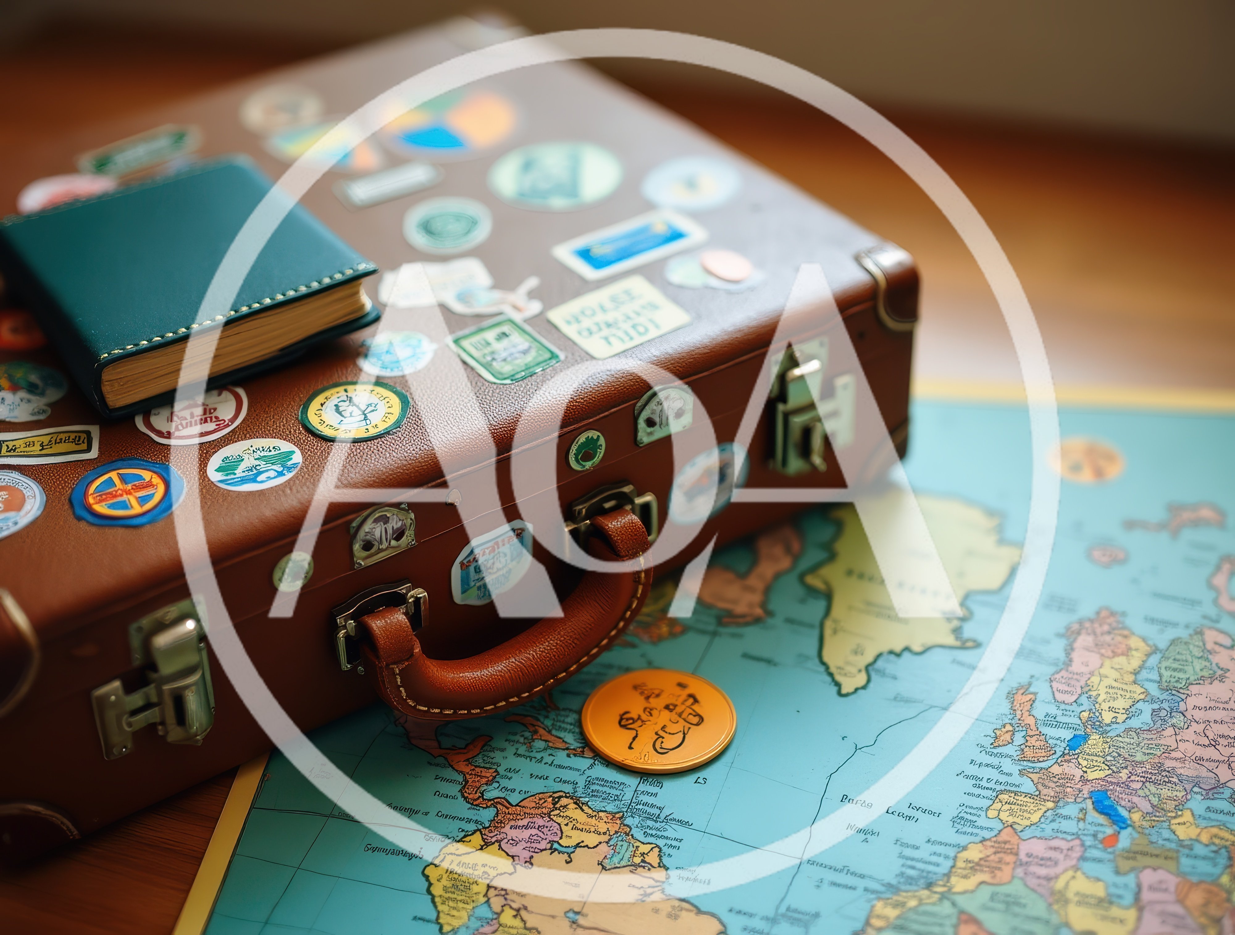 Vintage Suitcase With Travel Stickers On World Map