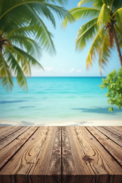 Wooden Table Overlooking Tropical Beach With Palm Trees