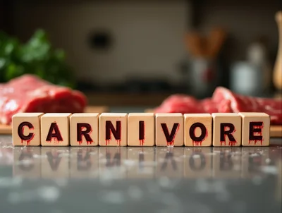 Wooden Blocks Spelling Carnivore With Raw Meat Background