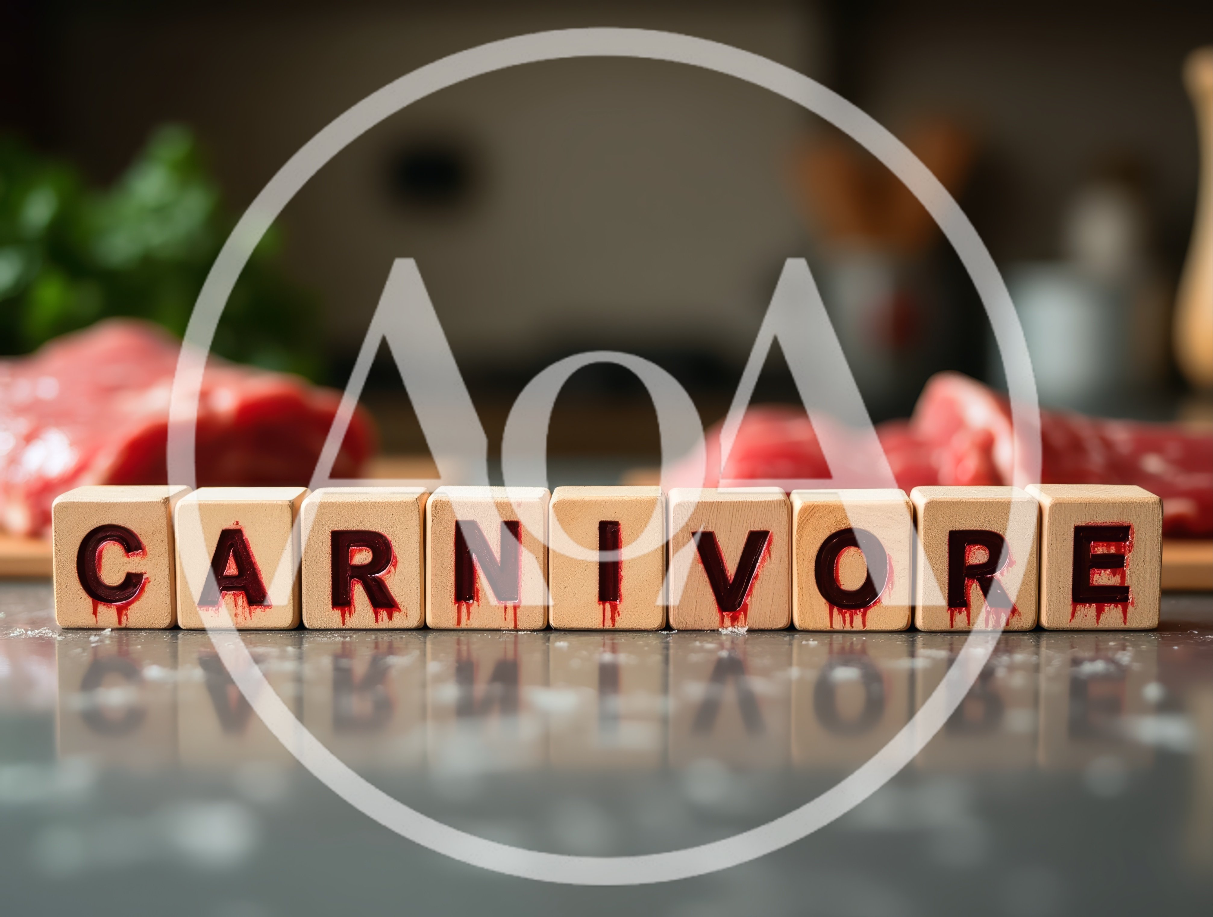 Wooden Blocks Spelling Carnivore With Raw Meat Background