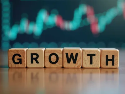 Wooden Blocks Spelling Growth With Financial Stock Market Chart
