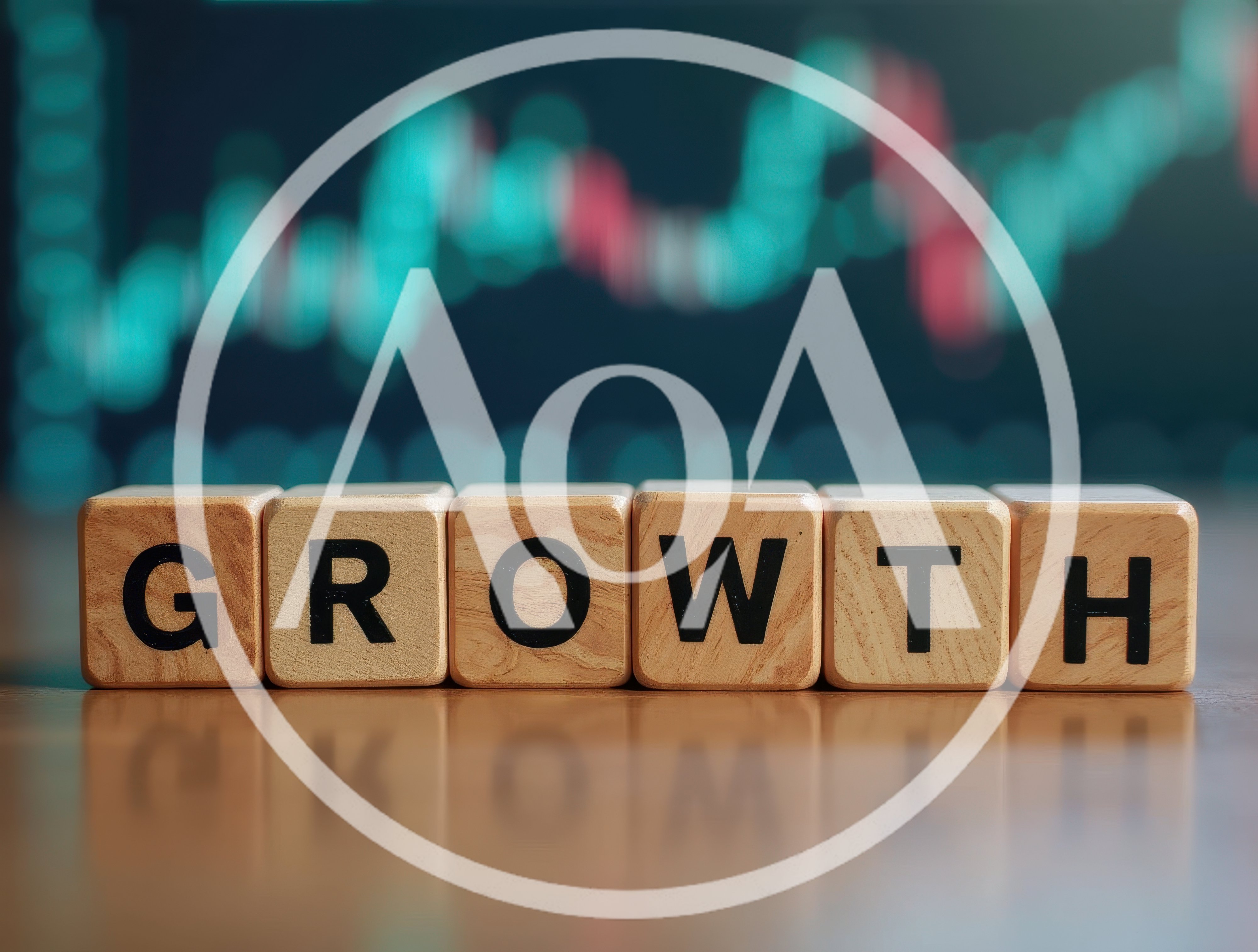 Wooden Blocks Spelling Growth With Financial Stock Market Chart