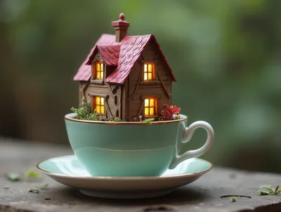 Miniature Fairy Tale House Inside A Teacup