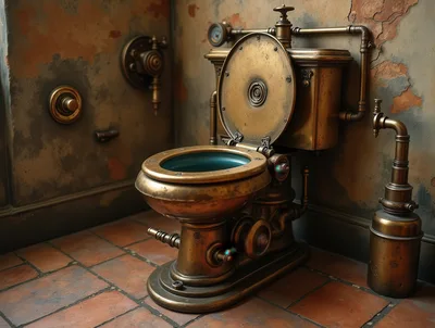 Steampunk Style Brass Toilet in Industrial Bathroom