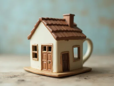 Ceramic House Shaped Mug On Wooden Surface