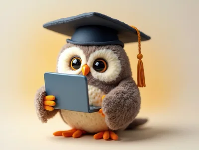 Cute Owl Wearing Graduation Cap Using A Laptop