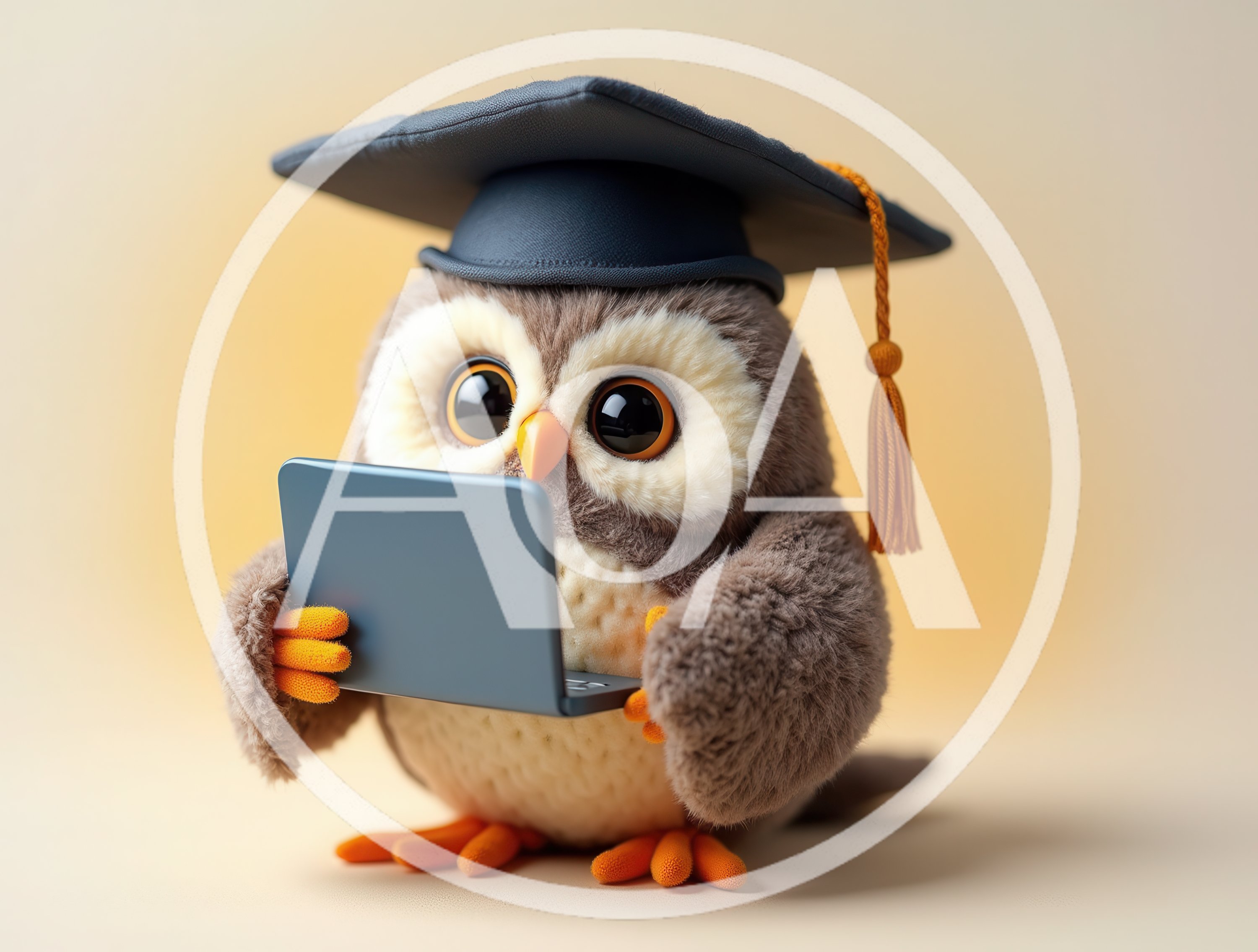 Cute Owl Wearing Graduation Cap Using A Laptop