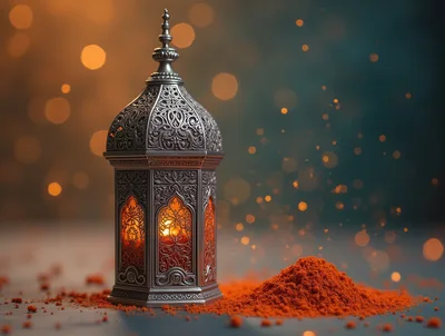 Ornate Metal Lantern With Pile Of Red Spice