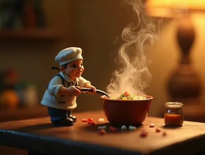 Miniature Chef Figurine Cooking Steaming Bowl Of Food