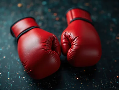 Pair Of Red Boxing Gloves On Digital Circuit Board