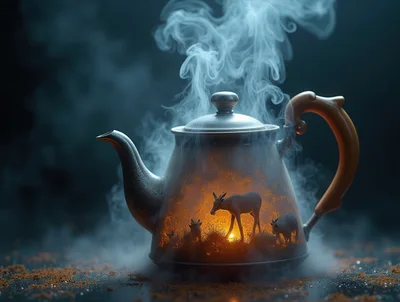 Steaming Teapot Containing A Miniature Glowing Wildlife Scene