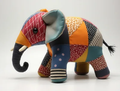 Patchwork Fabric Elephant Toy On White Background