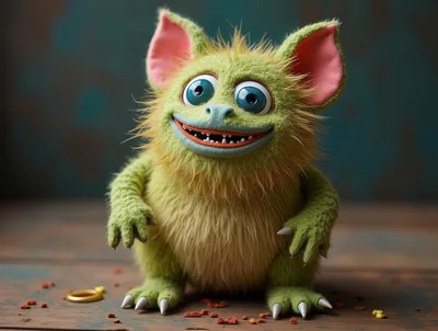 Cute Green Furry Monster Toy Sitting on Wooden Surface