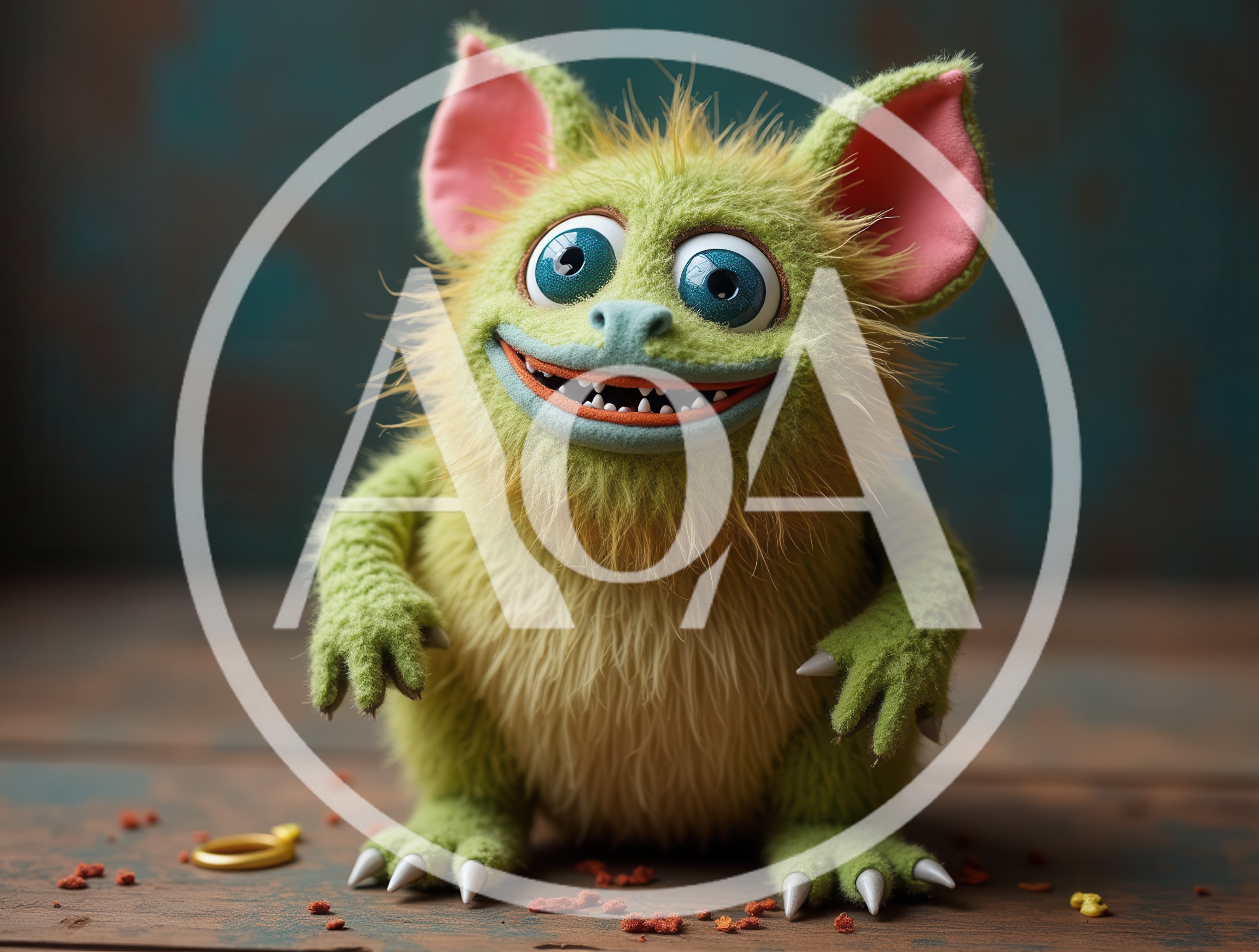 Cute Green Furry Monster Toy Sitting on Wooden Surface