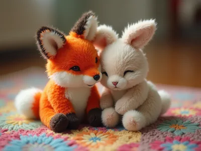 Plush Fox and Rabbit Sitting Together