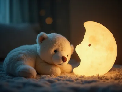 Cute Teddy Bear Beside A Glowing Moon Night Light