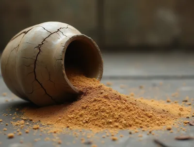 Cracked Clay Pot Spilling Brown Granular Powder