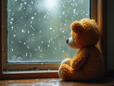 Lonely Teddy Bear Sitting By A Rainy Window