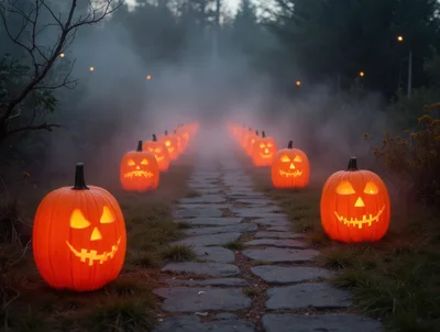 Glowing Jack O Lanterns Lining A Foggy Stone Path