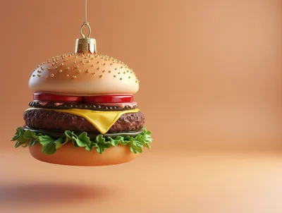 Hamburger Christmas Ornament Hanging Against Solid Background