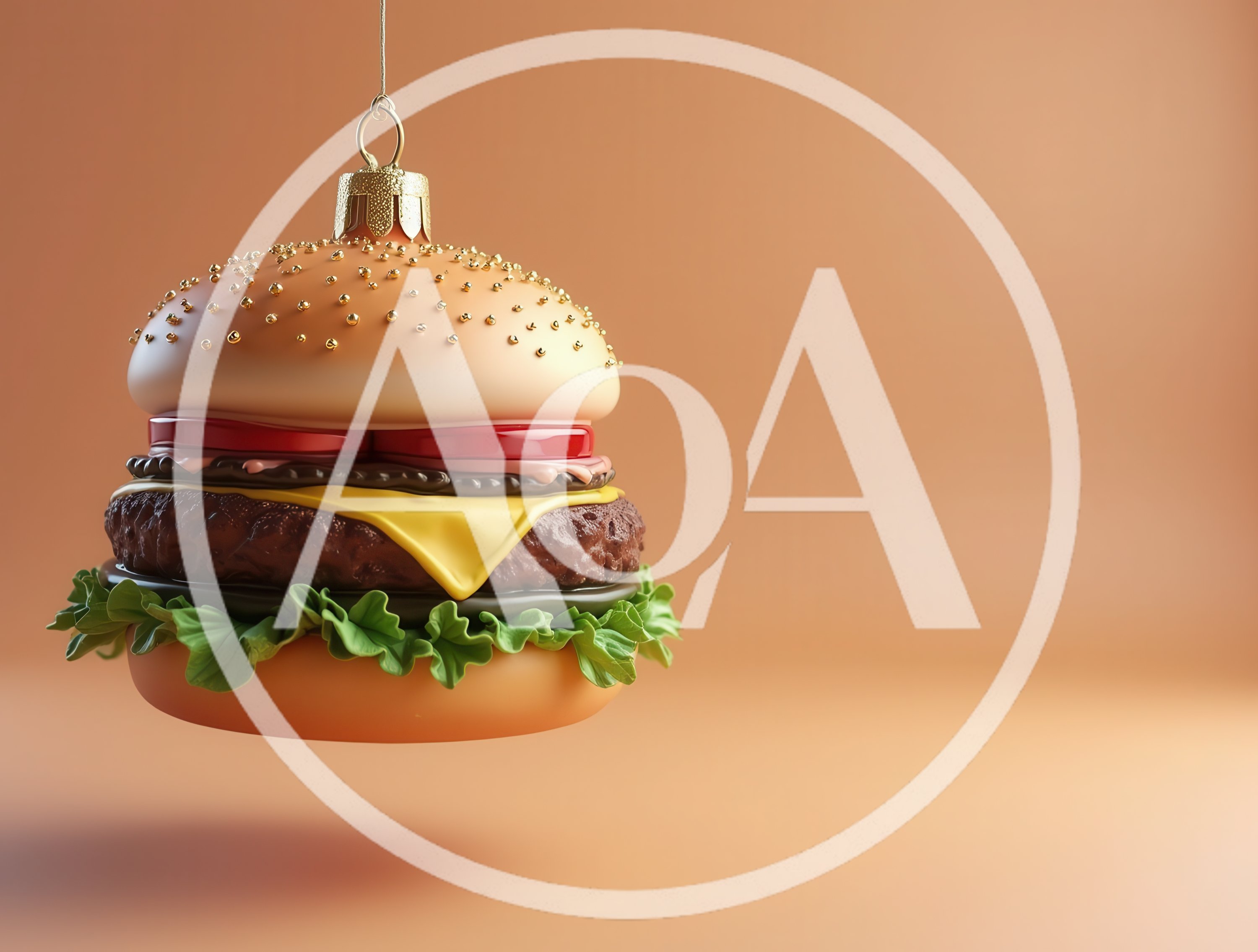 Hamburger Christmas Ornament Hanging Against Solid Background
