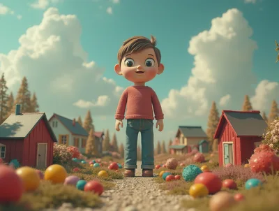 3D Cartoon Boy Standing In A Whimsical Village