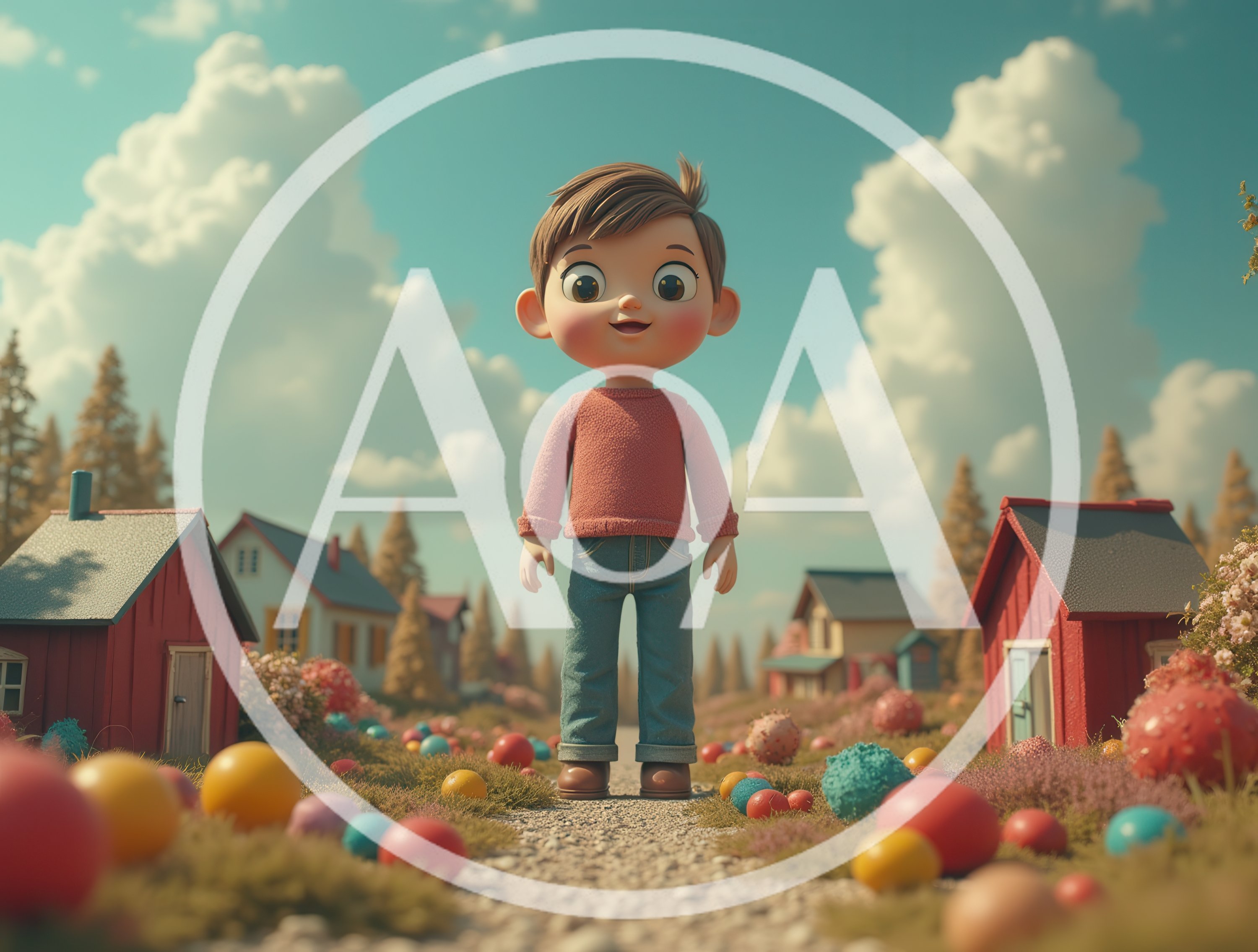 3D Cartoon Boy Standing In A Whimsical Village