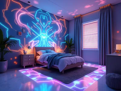 Modern Bedroom With Neon Wall Art And Glowing Floor