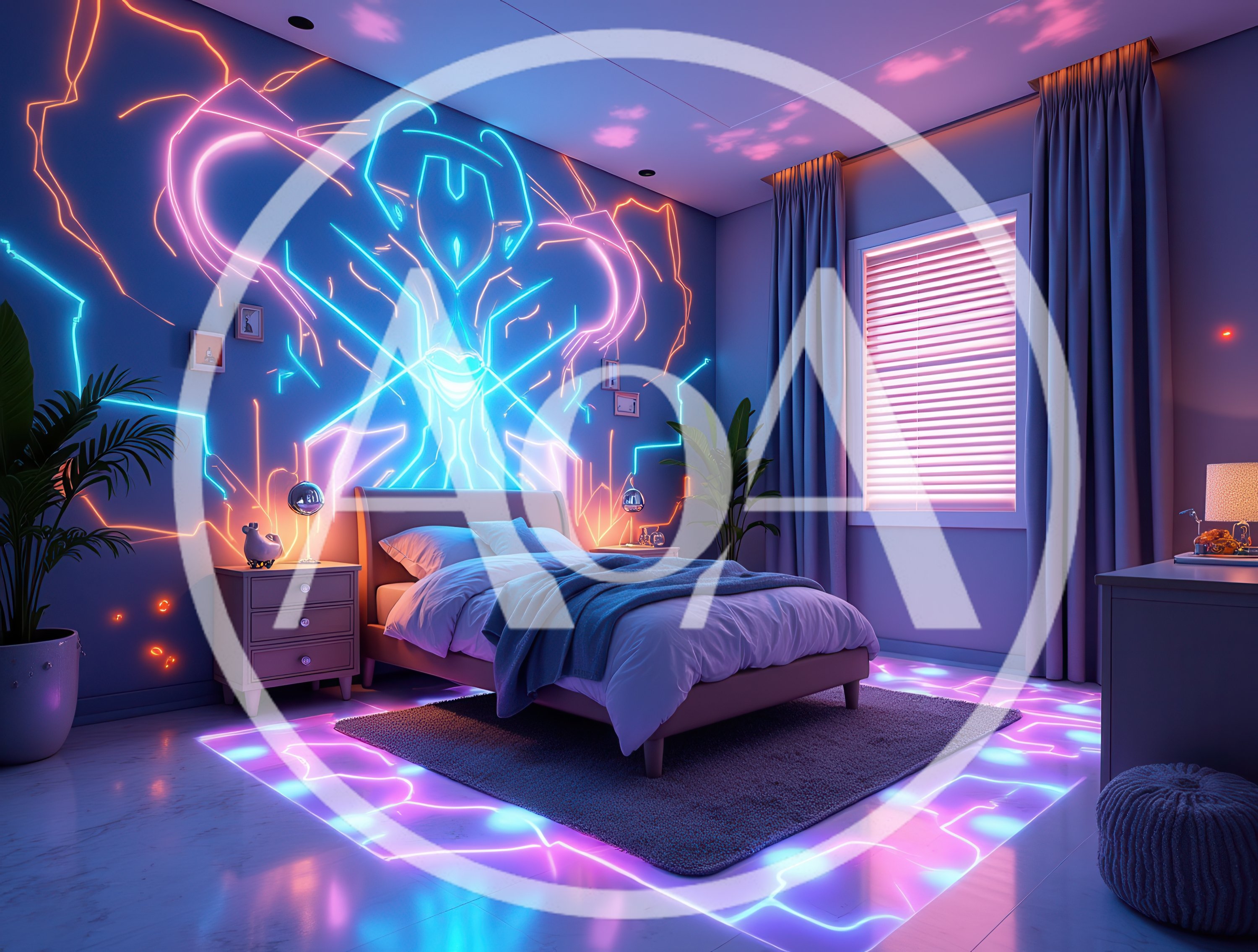 Modern Bedroom With Neon Wall Art And Glowing Floor