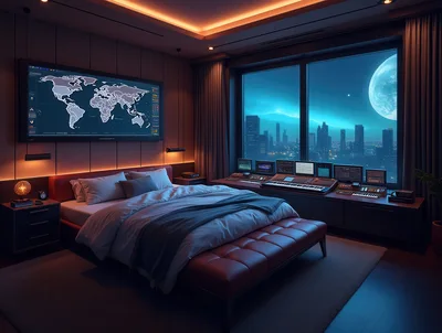 Futuristic Bedroom With Digital World Map And Cityscape View