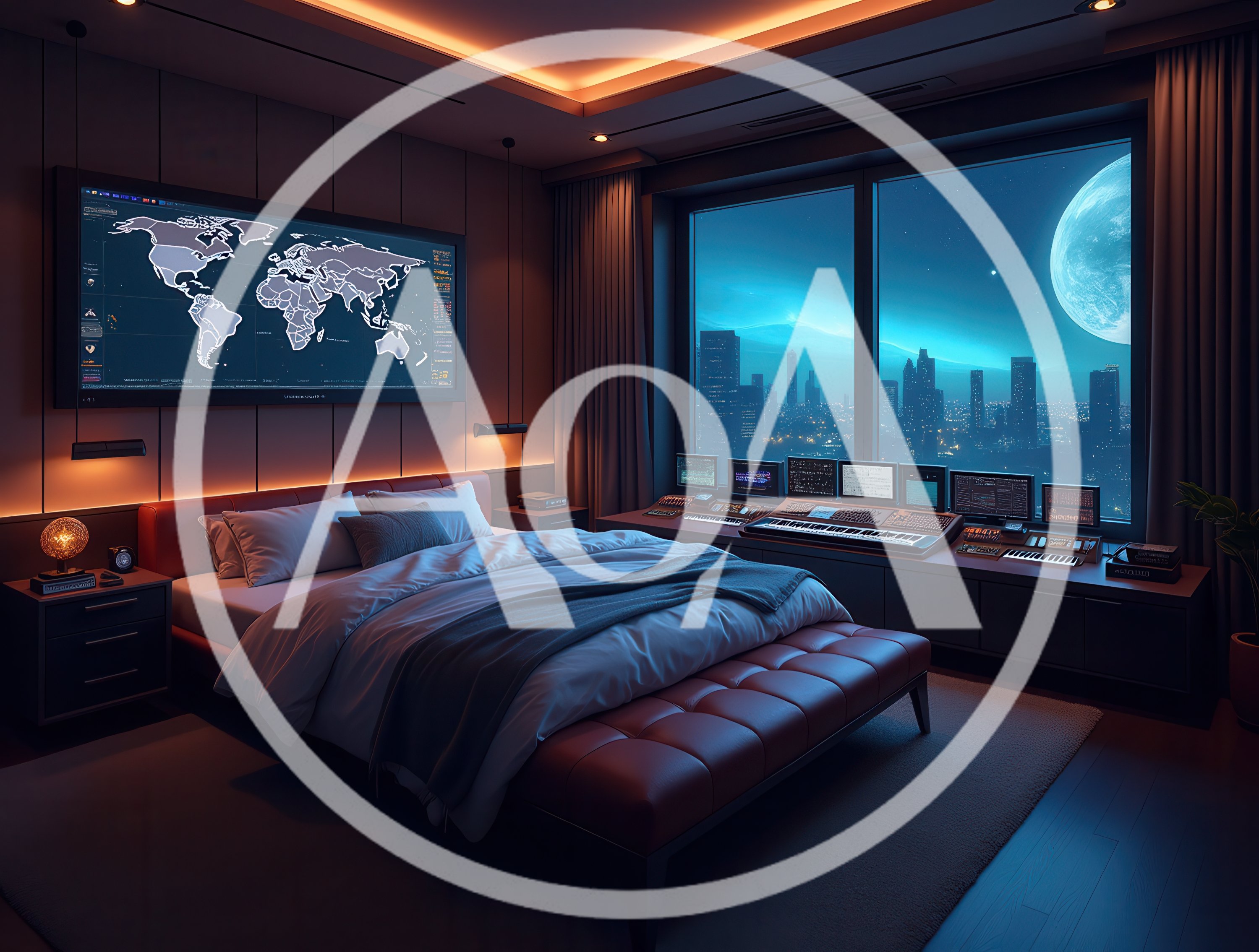 Futuristic Bedroom With Digital World Map And Cityscape View